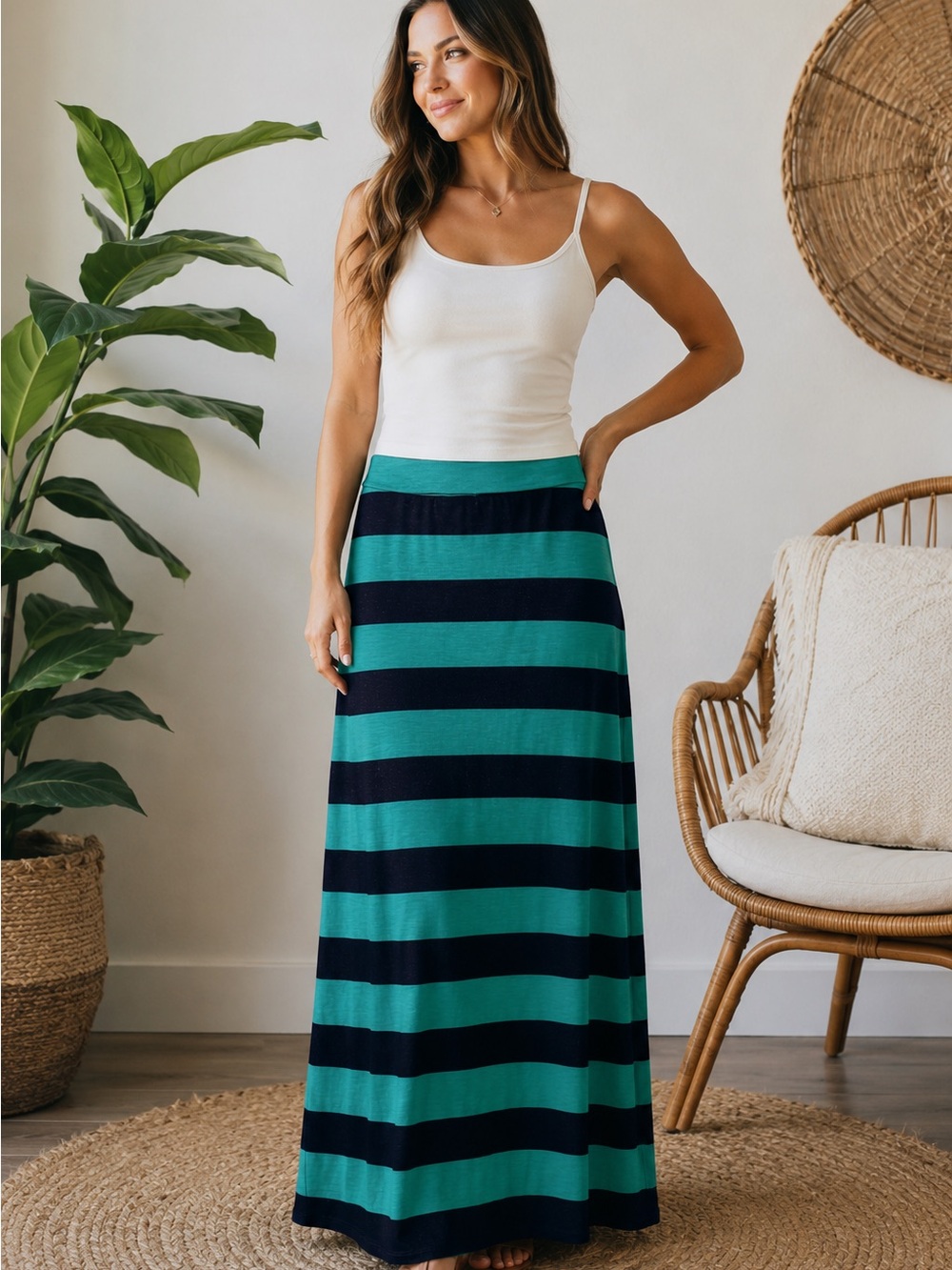AMBIANCE APPAREL Nautical Striped Maxi Skirt Coastal Cruise Blue Green Large